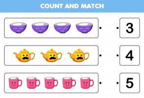 Education game for children count the number of cute cartoon bowl teapot mug and match with the right numbers printable tool worksheet vector