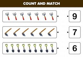 Education game for children count the number of cute cartoon fork hoe shovel and match with the right numbers printable tool worksheet vector