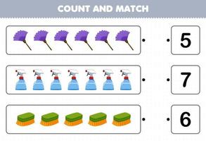 Education game for children count the number of cute cartoon duster sprayer brush and match with the right numbers printable tool worksheet vector