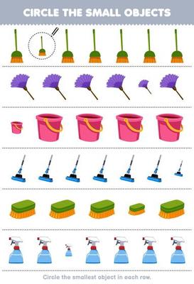 Education game for children circle the smallest object in each row of cute cartoon broom duster bucket mop brush sprayer printable tool worksheet