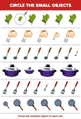 Education game for children circle the smallest object in each row of cute cartoon oven glove mixer pot spatula frying pan printable tool worksheet