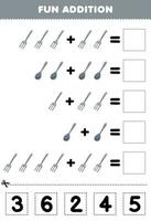 Education game for children fun addition by cut and match correct number for cute cartoon spoon and fork printable tool worksheet vector