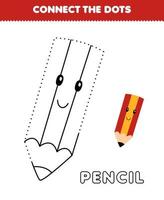 Education game for children connect the dots and coloring practice with cute cartoon pencil picture printable tool worksheet vector