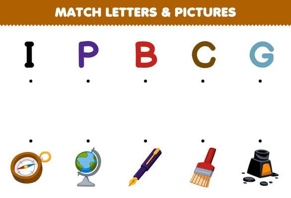 Education game for children match letters and pictures of cute cartoon compass globe pen brush ink printable tool worksheet
