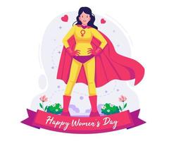 un mujer vistiendo un superhéroe disfraz con un capa en orden a celebrar De las mujeres día. feminista superhéroe internacional De las mujeres día 8 marzo concepto ilustración vector