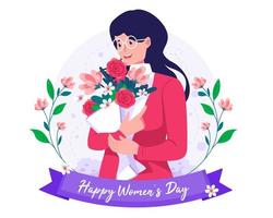 A Happy woman with glasses holding a bouquet of flowers. International Women's Day concept illustration vector