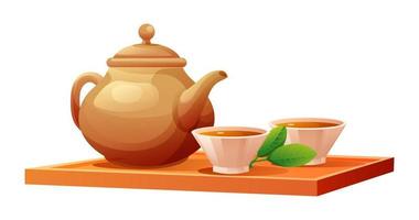 Tea cups and teapot on wooden tray vector illustration