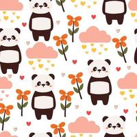 seamless pattern cartoon panda, clouds and flower. cute animal wallpaper for textile, gift wrap paper vector