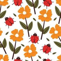 seamless pattern cartoon flower, leaves and ladybug. botanical wallpaper for textile, gift wrap paper vector