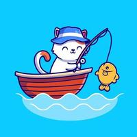 Cute Cat Fishing In The Sea On Boat Cartoon Vector Icon Illustration. Animal Recreation Icon Concept Isolated Premium Vector. Flat Cartoon Style