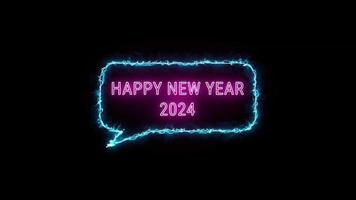 HAPPY NEW YEAR 2024 Neon pink Fluorescent Text Animation light blue electric frame on black background video