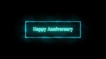 HAPPY ANNIVERSARY Neon blue Fluorescent Text Animation light blue electric frame on black background video