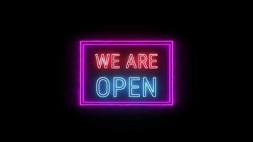 WE ARE OPEN Neon Red-blue Fluorescent Text Animation pink frame on black background video