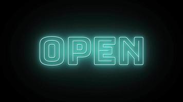 Open text with neon effect in black background. Seamless loop video