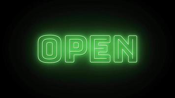 Open text with neon effect in black background. Seamless loop video