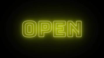 Open text with neon effect in black background. Seamless loop video