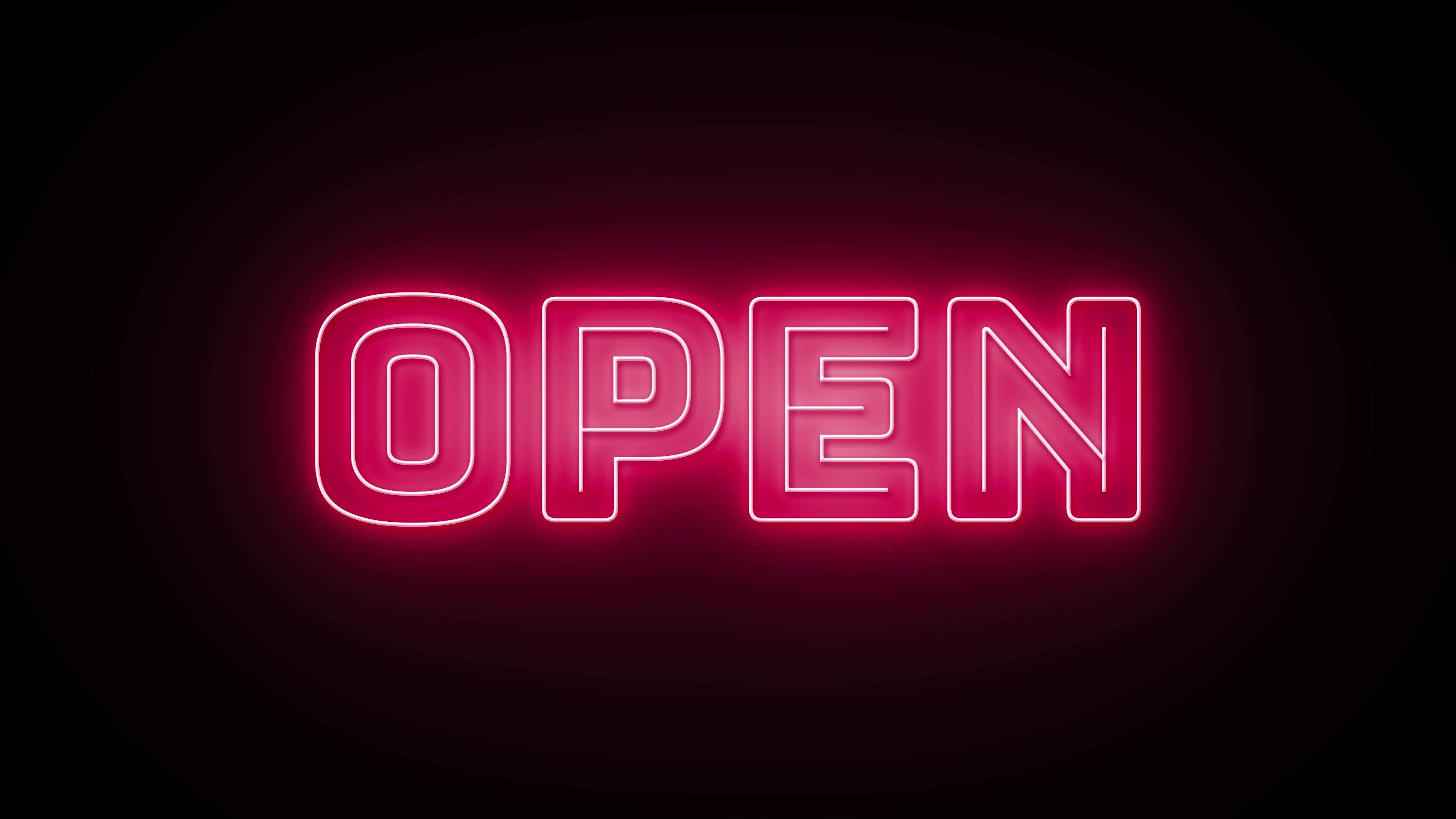 Open text with neon effect in black background. Seamless loop video