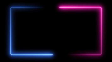 Neon glowing frame background. Lasers are blue and red. repetitive motion animation. Bright neon light effect isolated on black. 4K graphic animation video