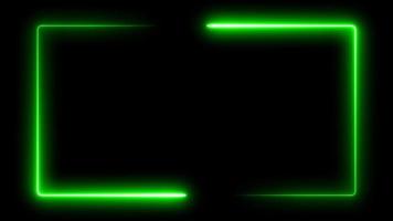 Green laser effect neon glowing frame background. repetitive motion animation and flashing. Bright neon light effect isolated on black. 4K graphic animation video