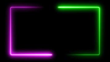 Green laser effect neon glowing frame background. repetitive motion animation and flashing. Bright neon light effect isolated on black. 4K graphic animation video