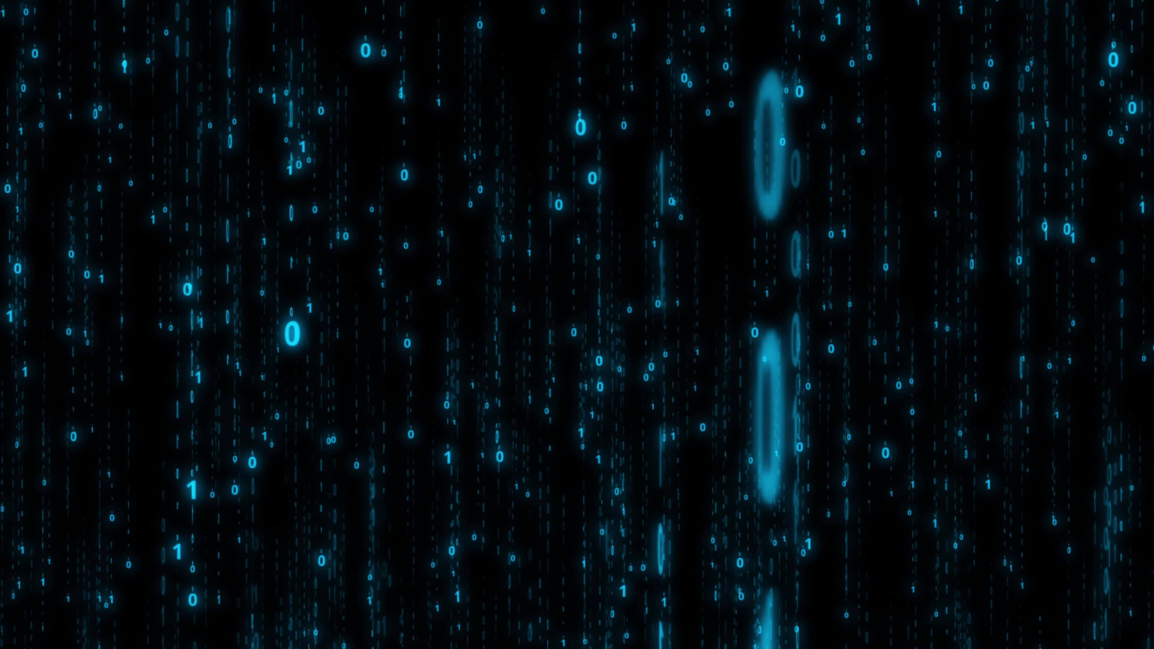 Blue binary matrix animation background with glowing digits one and ...