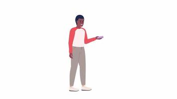 Animated guy clicking remote control. Managing devices. Student showing presentation. Flat character animation on white background with alpha channel transparency. Color cartoon style 4K video footage