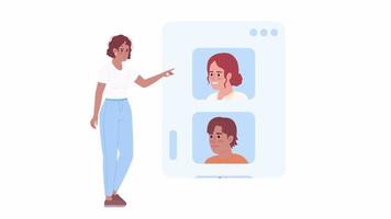 animado mujer desplazamiento alimentar. hallazgo clientela en social medios de comunicación. clientes lista. 2d dibujos animados plano personaje 4k vídeo imágenes en blanco con alfa canal transparencia. concepto animación para web diseño video