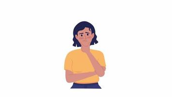 Animated woman feeling doubtful. Overthinking thoughts. Problem solving. Flat character animation on white background with alpha channel transparency. Color cartoon style 4K video footage