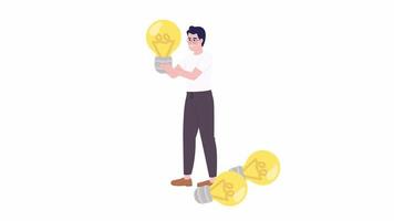 Animated great idea for startup. Entrepreneur showing small business solution 2D cartoon flat character 4K video footage on white with alpha channel transparency. Concept animation for web design