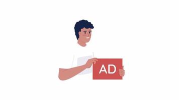Animated male advertiser. Digital marketing. Advertising company. Ads agency. Flat character animation on white background with alpha channel transparency. Color cartoon style 4K video footage