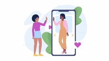 Animated engagement with audience. Connecting with followers on social media. 2D cartoon flat characters 4K video footage on white with alpha channel transparency. Concept animation for web design