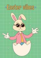 Groovy hippie Happy Easter posters. Easter bunny. Vector card in trendy retro 60s 70s cartoon style.