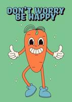 Groovy hippie Happy Easter posters. Easter carrot. Vector card in trendy retro 60s 70s cartoon style.