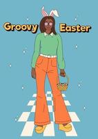 Groovy hippie Happy Easter posters. Girl with rabbit ears. Vector card in trendy retro 60s 70s cartoon style.