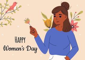 8 march, International Women's Day. Greeting card or postcard templates with young woman for card, poster, flyer. Girl power, feminism, sisterhood concept. vector