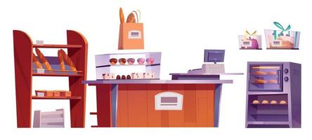 dibujos animados conjunto de panadería tienda interior elementos vector