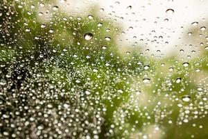 Closeup and crop rain drop on glass and blurry green plants background photo