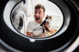 hombre con gato ver desde Lavado máquina adentro. masculino lo hace lavandería diario rutina. foto