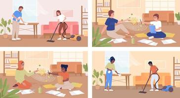 Connecting with teens through chores and homework flat color vector illustration set. Studying together. Housework. Fully editable 2D simple cartoon characters pack with living room on background