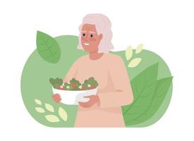 sano nutritivo desayuno para personas mayores 2d vector aislado ilustración. mayor mujer con ensalada cuenco plano personaje en dibujos animados antecedentes. vistoso editable escena para móvil, sitio web, presentación