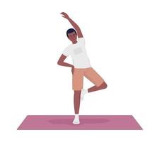 Young man stretching arm and standing on yoga mat semi flat color vector character. Editable figure. Full body person on white. Simple cartoon style illustration for web graphic design and animation