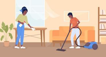 Doing chores together flat color vector illustration. Teenage boy helping around house. Mom and son cleaning home. Fully editable 2D simple cartoon characters with living room interior on background