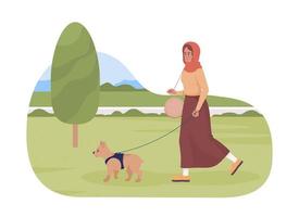 Going to dog park for leisure 2D vector isolated illustration. Happy young woman walking canine on leash flat character on cartoon background. Colorful editable scene for mobile, website, presentation