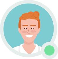 Happy man with curly red hair flat vector avatar icon with green dot. Editable default persona for UX, UI design. Profile character picture with online status indicator. Color messaging app user badge