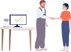 Technician fixing internet problem successfully semi flat color vector characters. Editable figures. Full body people on white. Simple cartoon style illustration for web graphic design and animation