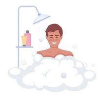 Pleased man enjoying shower with soap foam semi flat color vector character. Editable figure. Half body person on white. Simple cartoon style illustration for web graphic design and animation