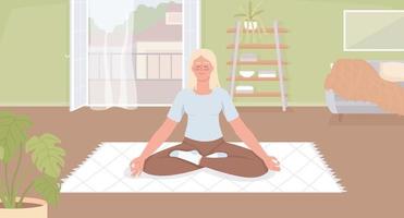 Morning meditation for self healing flat color vector illustration. Blond woman relaxing with closed eyes. Fully editable 2D simple cartoon character with cozy living room interior on background