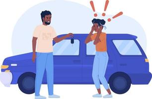 Panicked teenager refusing to drive 2D vector isolated illustration. Father forcing daughter to driving flat characters on cartoon background. Colorful editable scene for mobile, website, presentation