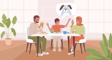 Spend time with family flat color vector illustration. Smiling boy persuading parents to adopt pet puppy. Fully editable 2D simple cartoon characters with cozy dining room on background