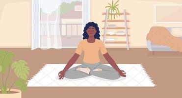 Spiritual mindfulness meditation flat color vector illustration. Young woman with closed eyes on throw rug. Fully editable 2D simple cartoon character with cozy living room interior on background